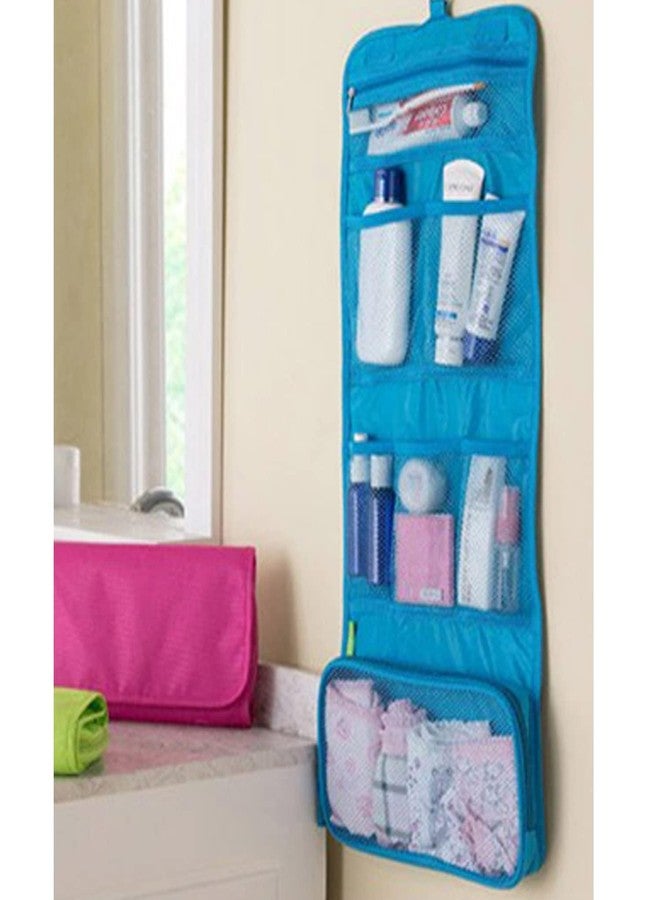 CONNECTWIDE Makeup Organizer Cosmetic Travel Bag, Hanging Toiletry Bag Bathroom Wall Hanging Storage Multipurpose Fordable Wall Hanging Dressing Kit Makeup Organizer (Blue) - Image 2